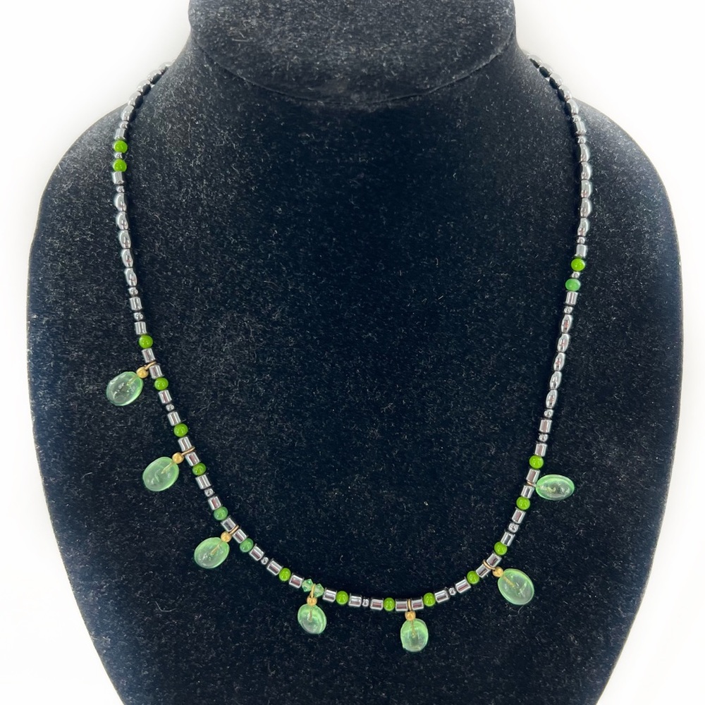 Hematite Bead & Green Cabochon Necklace, 22.5 inches